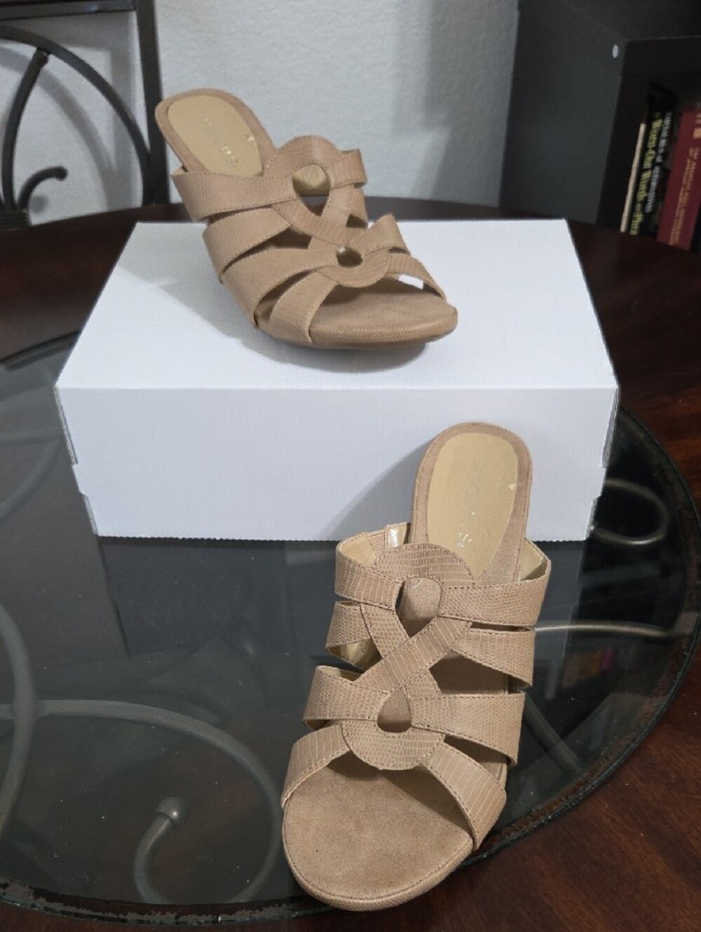 AEROSOLES Tan Strappy Mid-Heel Slide Mules - Picture 2 of 7